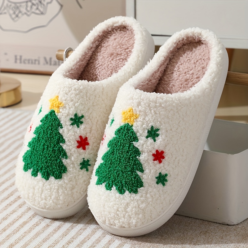 Christmas Tree Pattern Fuzzy Slippers Winter Warm Closed Toe - Temu Canada