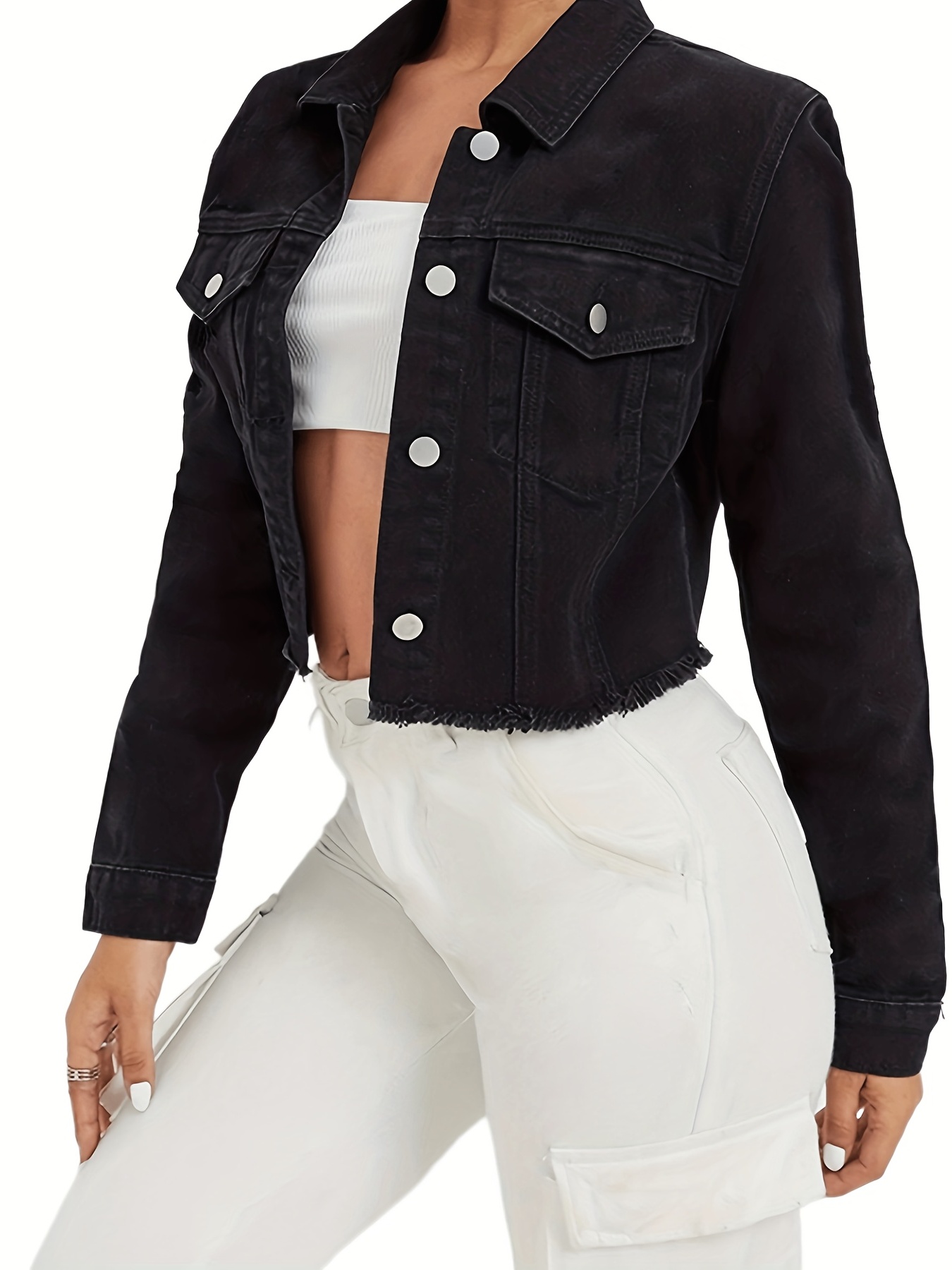 Black Fringe Trim Denim Jackets, Long Sleeves Single Breasted Button Lapel Denim Coats, Women's Denim Clothing,Women Jean Jacket,Temu