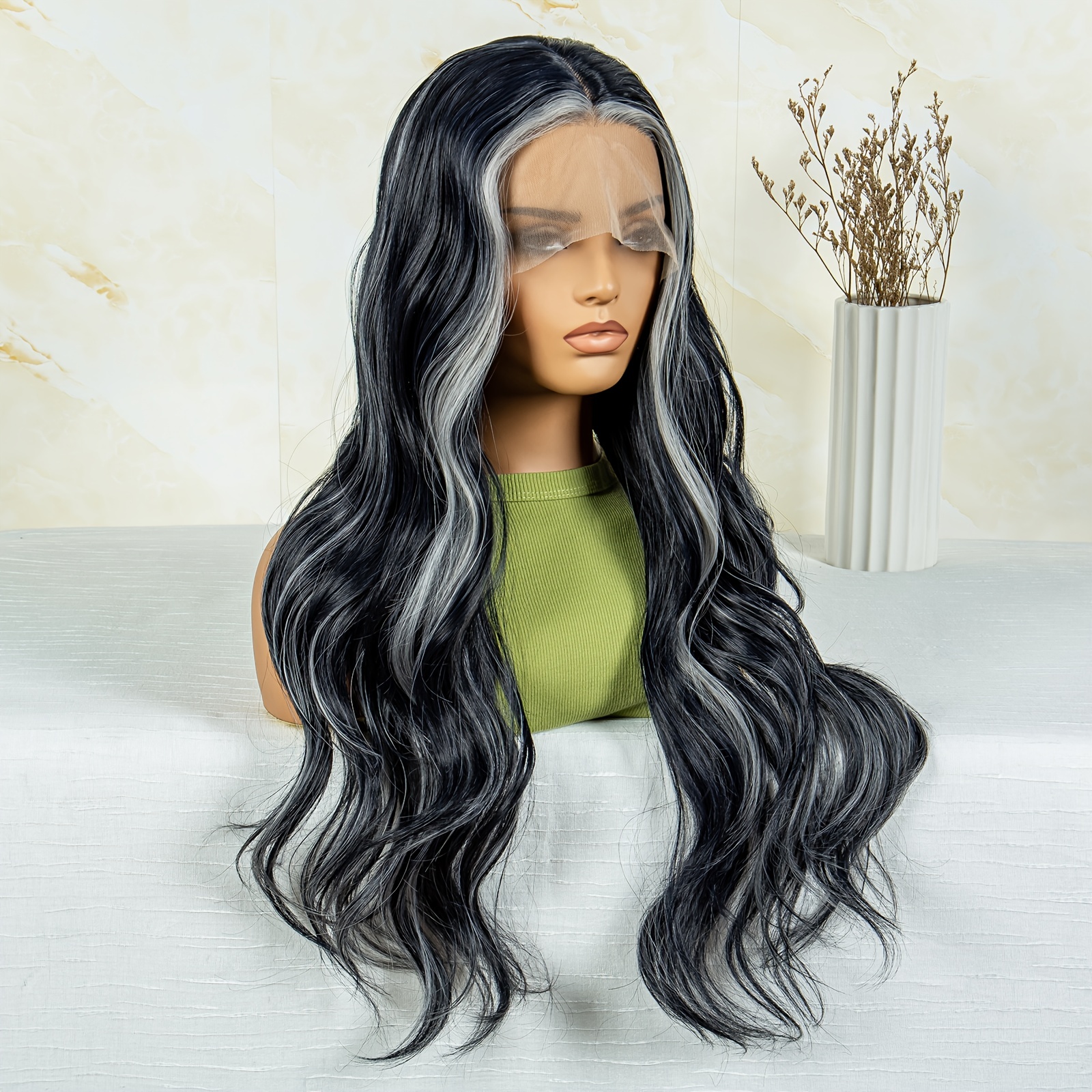 Black Wig White Highlights Women Long Body Wave Synthetic Temu