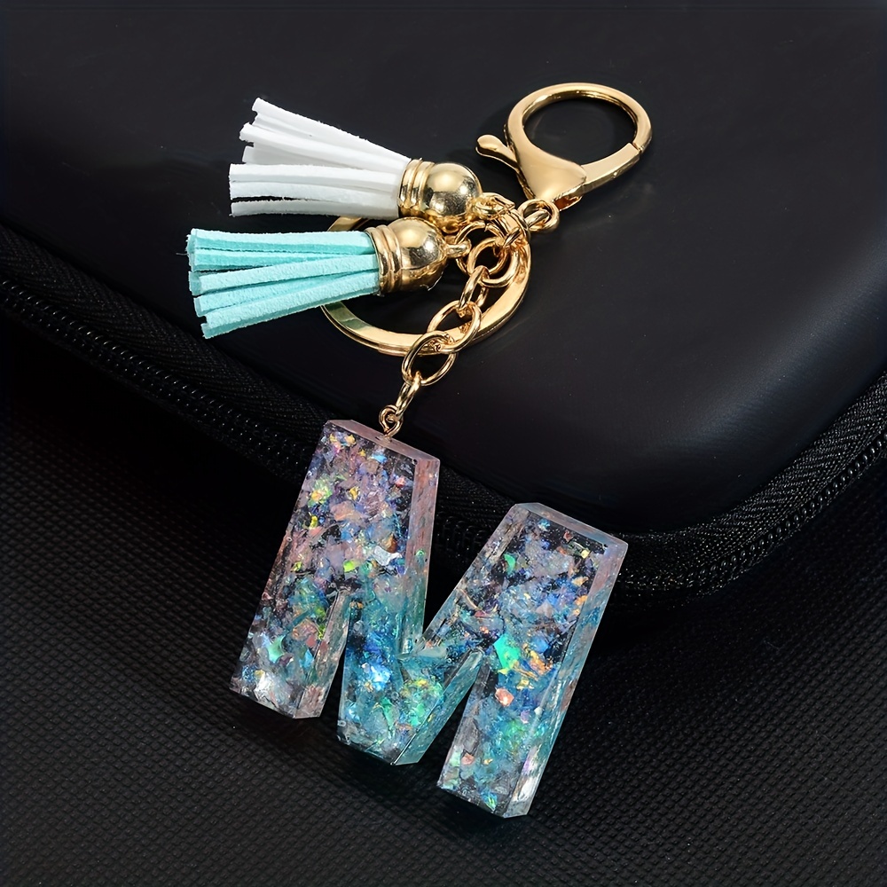 1pc Resin English Letter Shape Keychain Pendant with Tassel Bag Ornament Key Ring,Temu