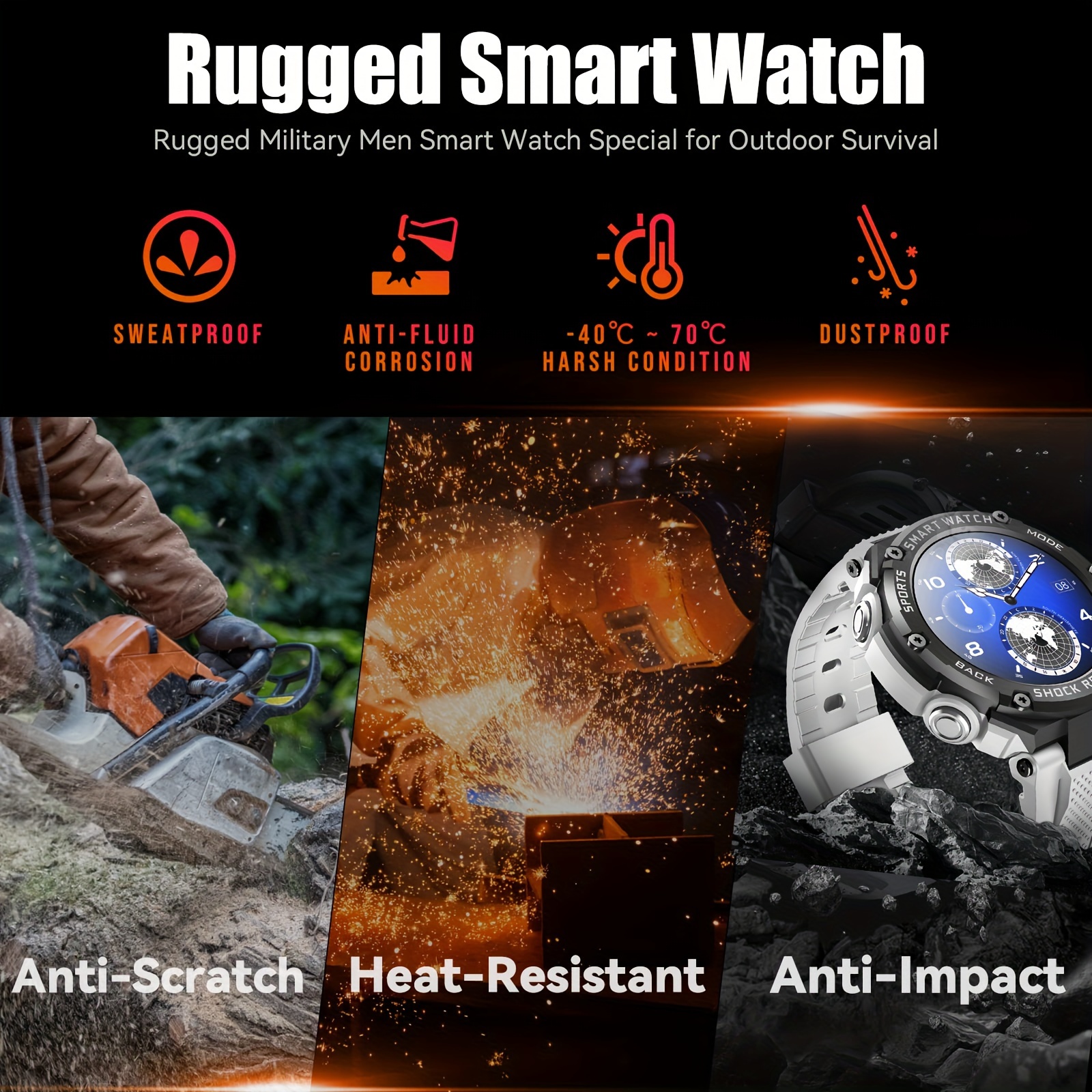 Military Smart Watch For Men Women Men s Wrist Watches Fitness Tracker Watch 3.89cm Touch Screen Display With Message HD Outdoor Tactical Rugged