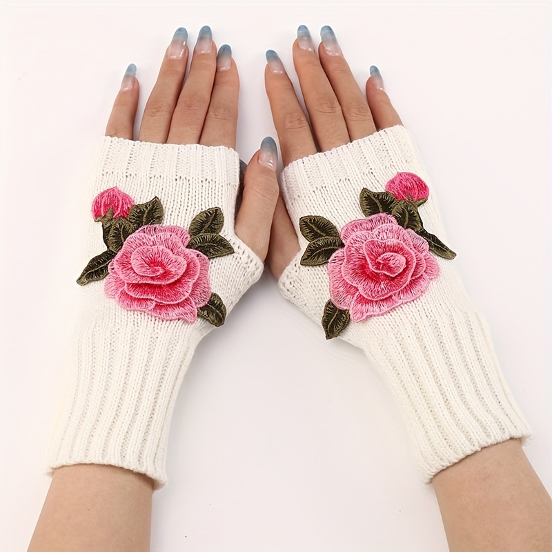 Short Flower Embroidered Knit Gloves Stylish Fingerless - Temu