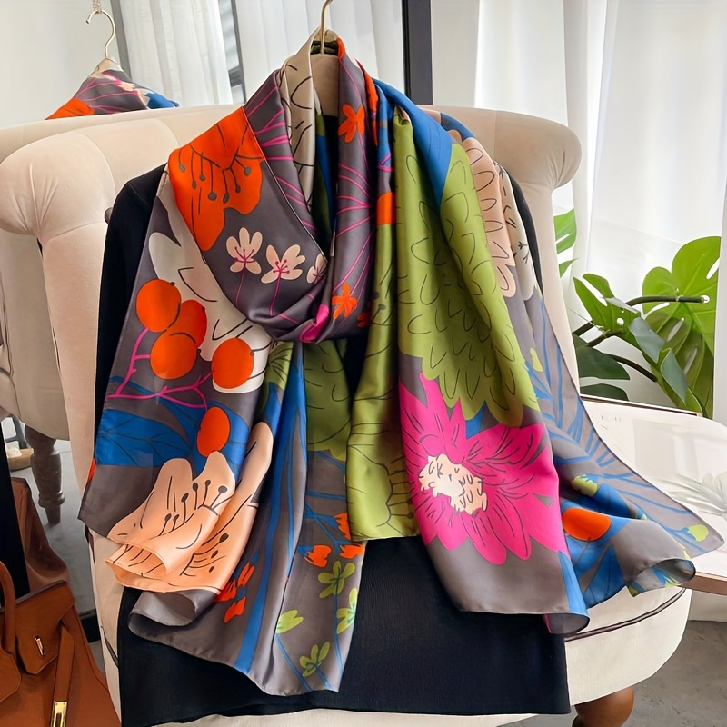 

Elegant Colorful Flower Print Scarf Thin Breathable Imitation Silk Shawl Casual Windproof Wraps Sunscreen Scarves For Women
