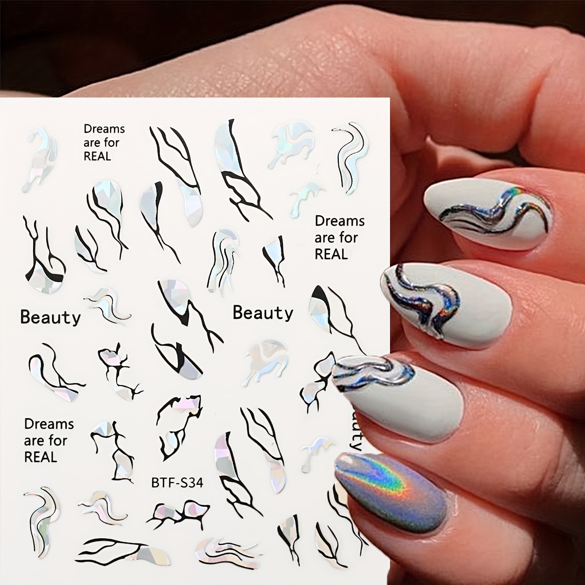 Metallic Marble Nail Decals Self Adhesive French Stripe Wavy Nail Stickers