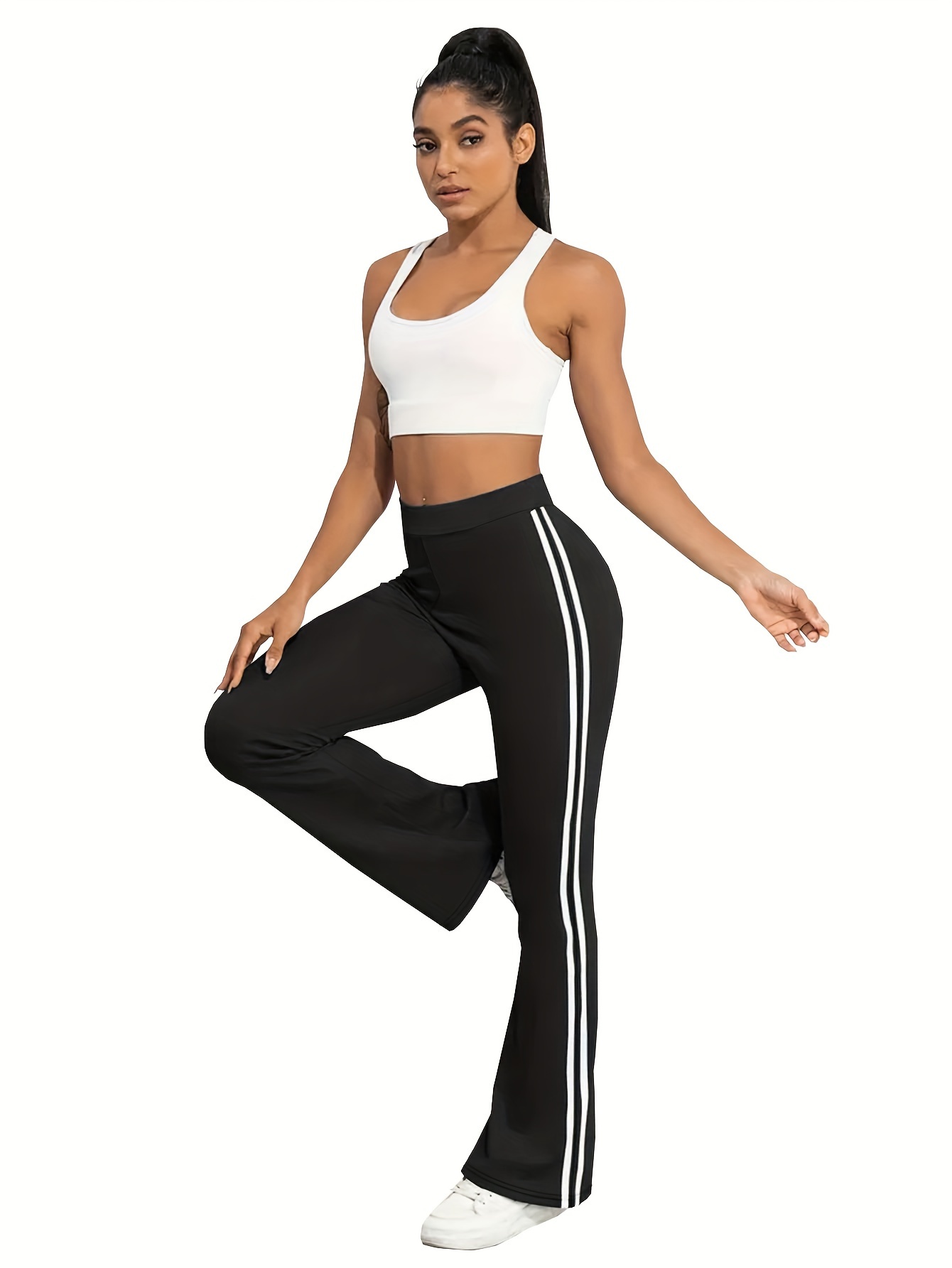 3 pcs womens sports pants set plus size contrast striped high waist stretchy flare leg fitness pants 3 piece set