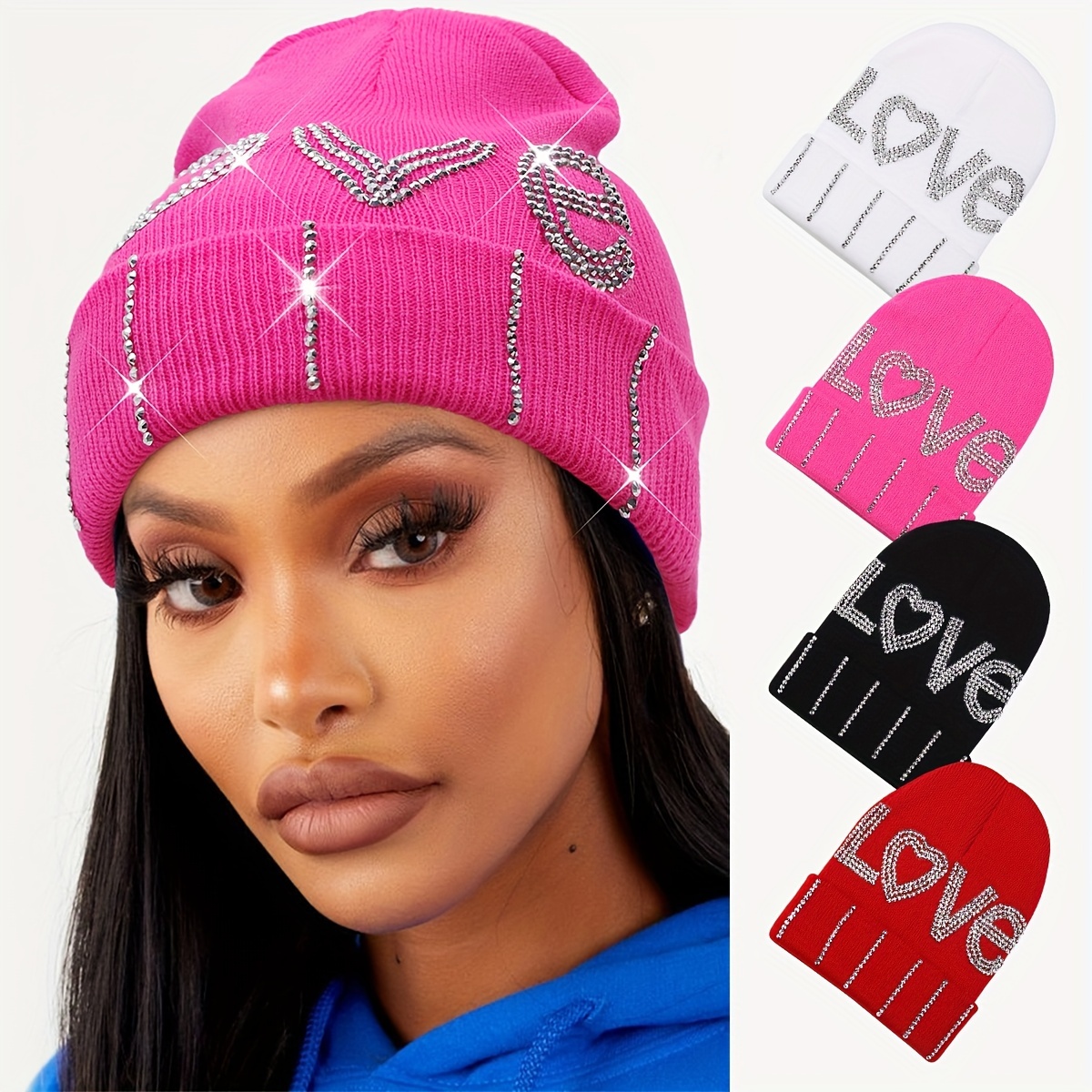 Rhinestone Love Graphic Y2k Beanie Cute Love Heart Knit Hats - Temu ...