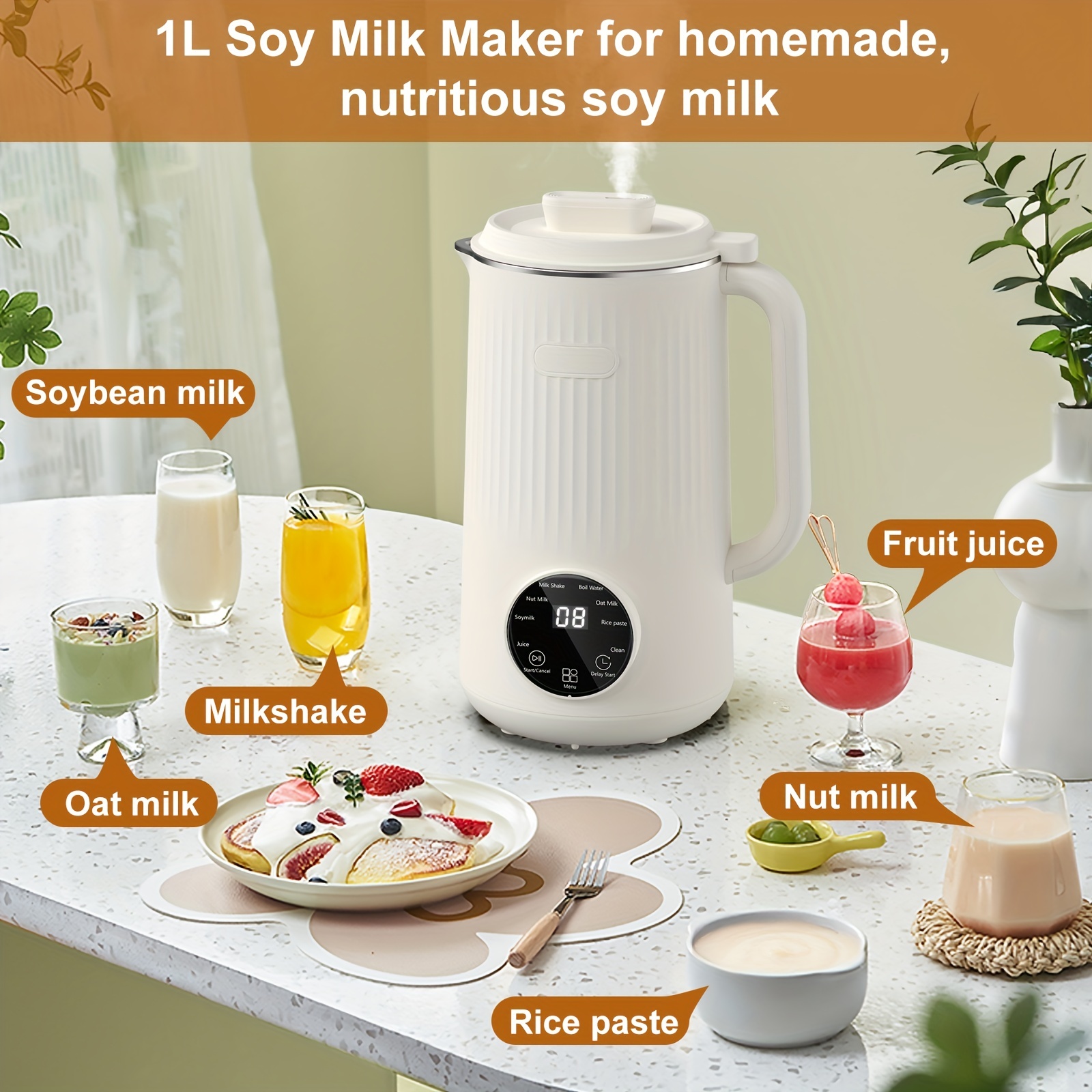 Beeze Automatic Nut Milk Maker Machine - Make Almond, Soy, Oat, Cashew, Coconut Milk - Glass Blender, Built in Strainer, Smart Touch, 12-Hour Delay