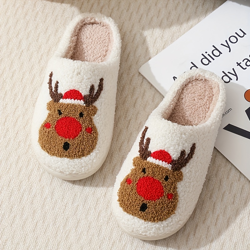 TEMU Christmas Deer Red Cartoon Indoor Plush Slippers, Soft Sole Plush Lined Bedroom Cozy Shoes, Non-slip Mute Slippers, Winter & Autumn