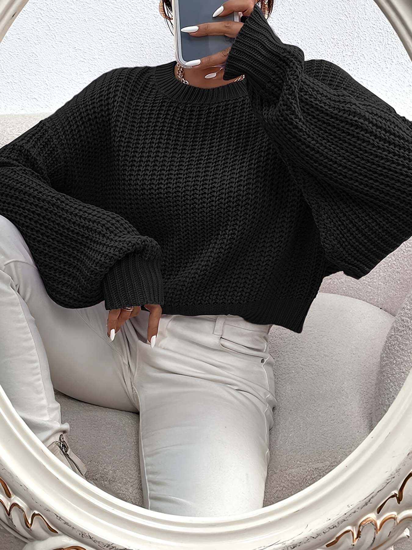 Crew Neck Rib Knit Sweater Casual Drop Shoulder Oversized - Temu