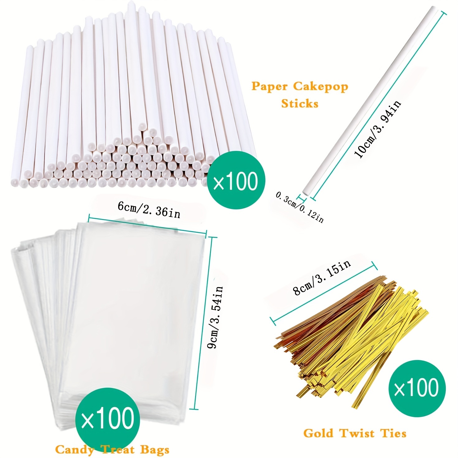 300PCS Lollipop Cake Pop Treat Bag Set Including 100pcs Parcel Bags, 100pcs  Papery Treat Sticks, 100pcs Gold Metallic Twist Ties for Making Candies