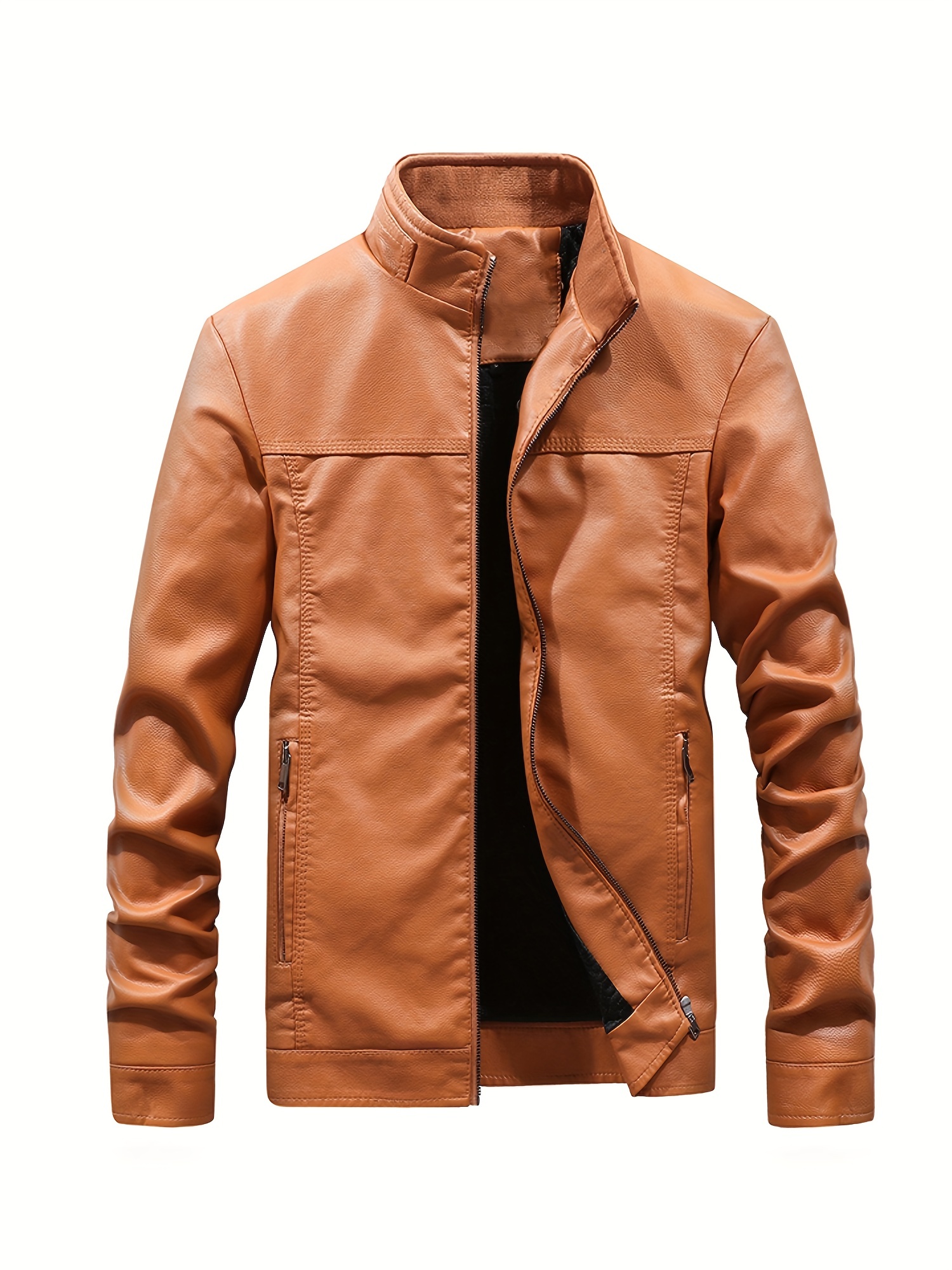 Trendy Casual Fuax Leather Zip Up Bomber Jacket With Zipper Pockets, Men's  Pu Jacket For Spring Fall Outdoor - Temu Japan