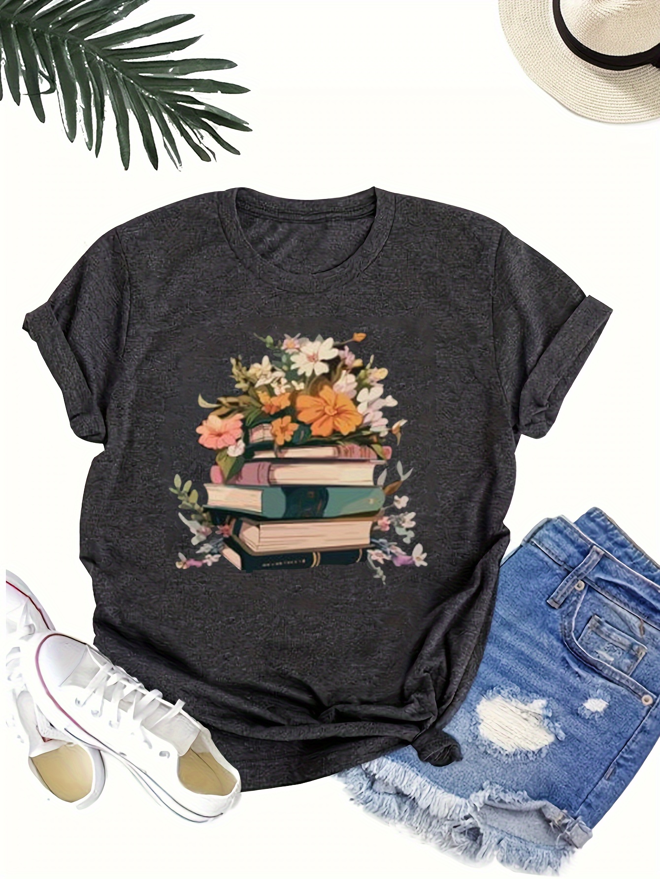 Flower Book Print Crew Neck T shirt Casual Short Sleeve Top - Temu