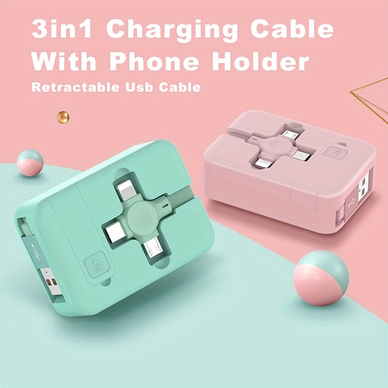

4in1 3in1 Fast Charge Retractable Take In Usb Type C Micro Usb Cable For Android Iphone Type C With Phone Stand
