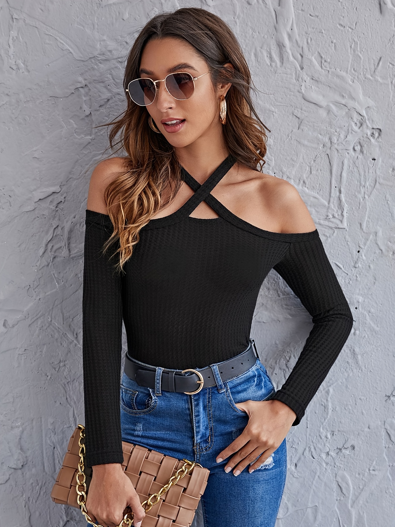 Sexy Shoulder Cross Hanging Neck Sweater Casual Long Sleeve Temu