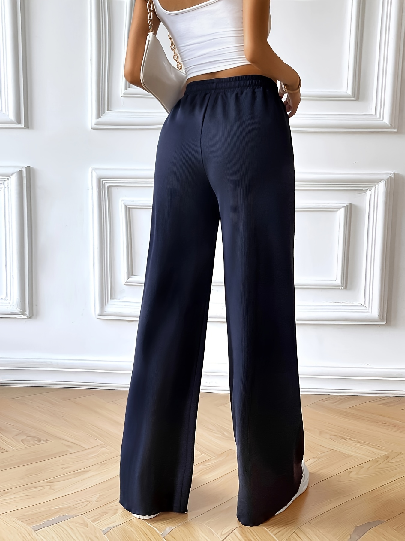 Straight Leg Pants for Women Elastic Waist Solid Color Loose