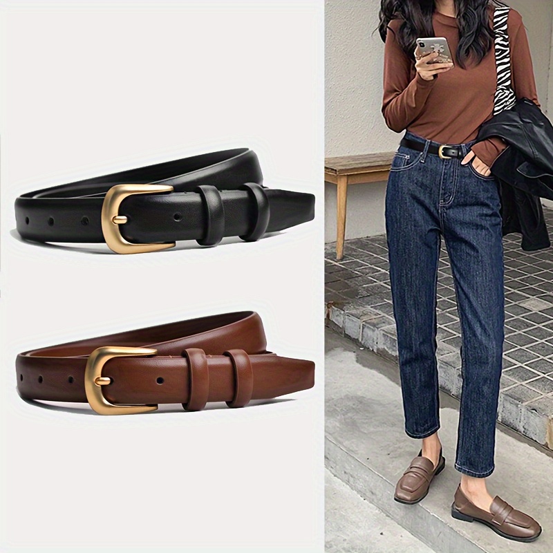 

Golden Pin Buckle Belt Stylish Monochrome Pu Leather Waistband Simple Casual Versatile Pants Belt