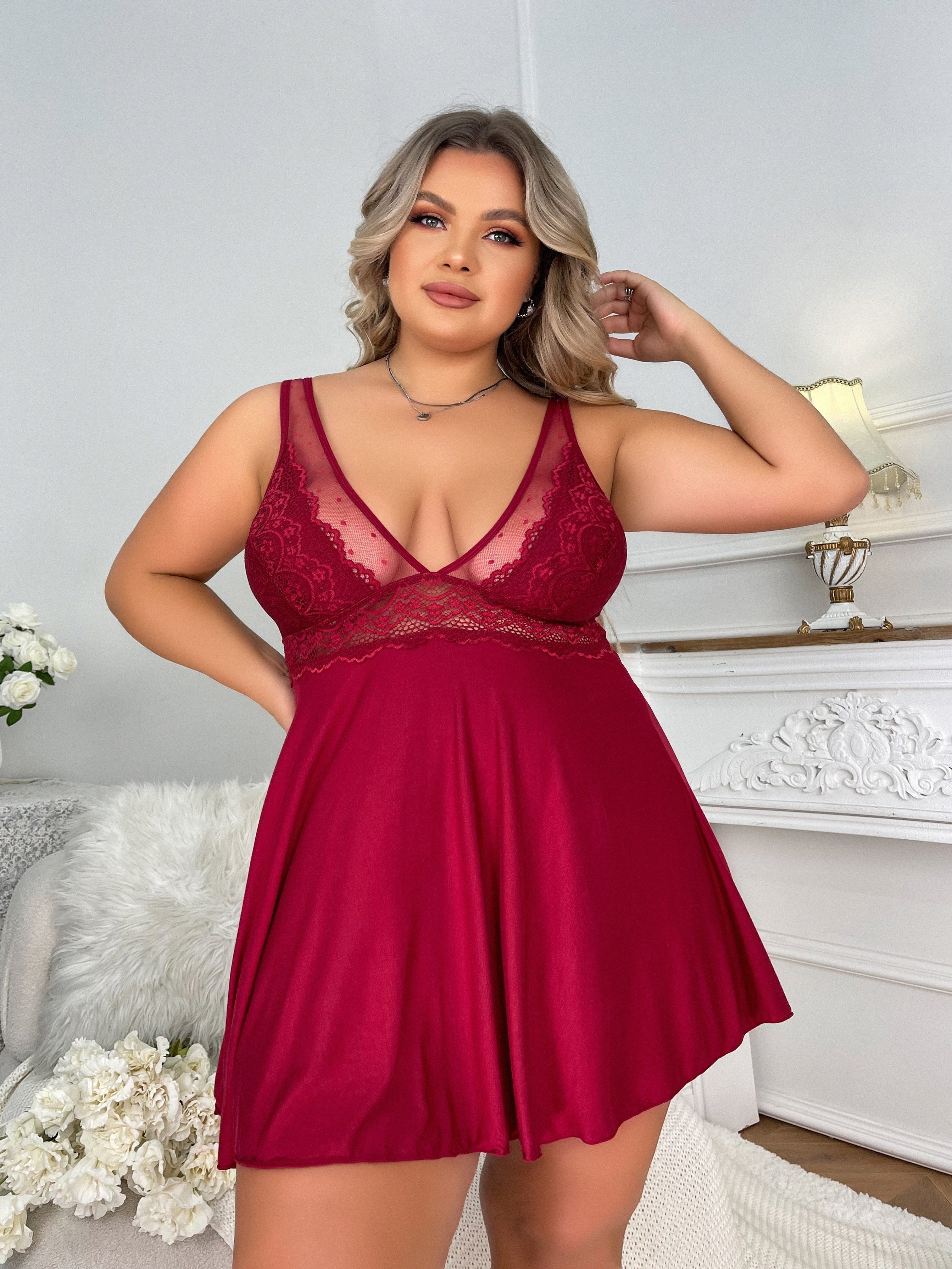 Plus Size Contrast Mesh Halter Neck Sexy Nightgown Womens - Temu Canada