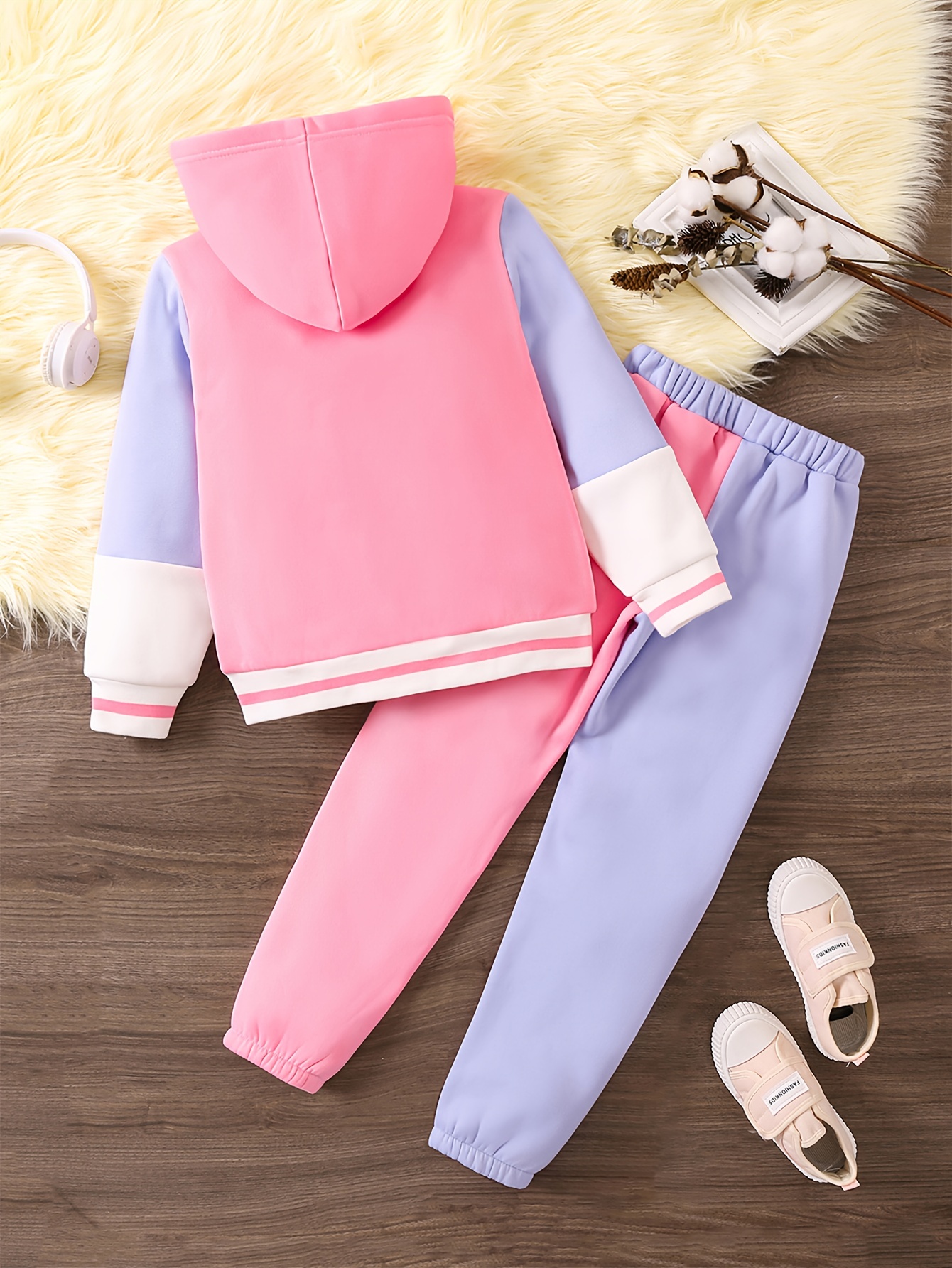 Preppy Style Girls 2pcs Sets Splicing Hoodies Jogger Pants For Fall Sports