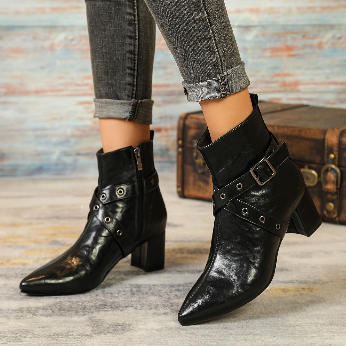 Black studded strap outlet ankle boots