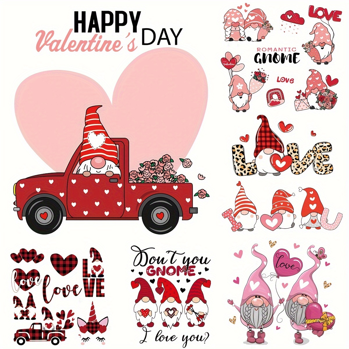  Valentines's Day Iron on Transfers Stickers, Iron on Decals  Pink Red Heart Gnome Heat Transfer Vinyl Iron on Patches for T Shirts  Pillow Hoodie DIY Craft Appliques(m65) : Everything Else