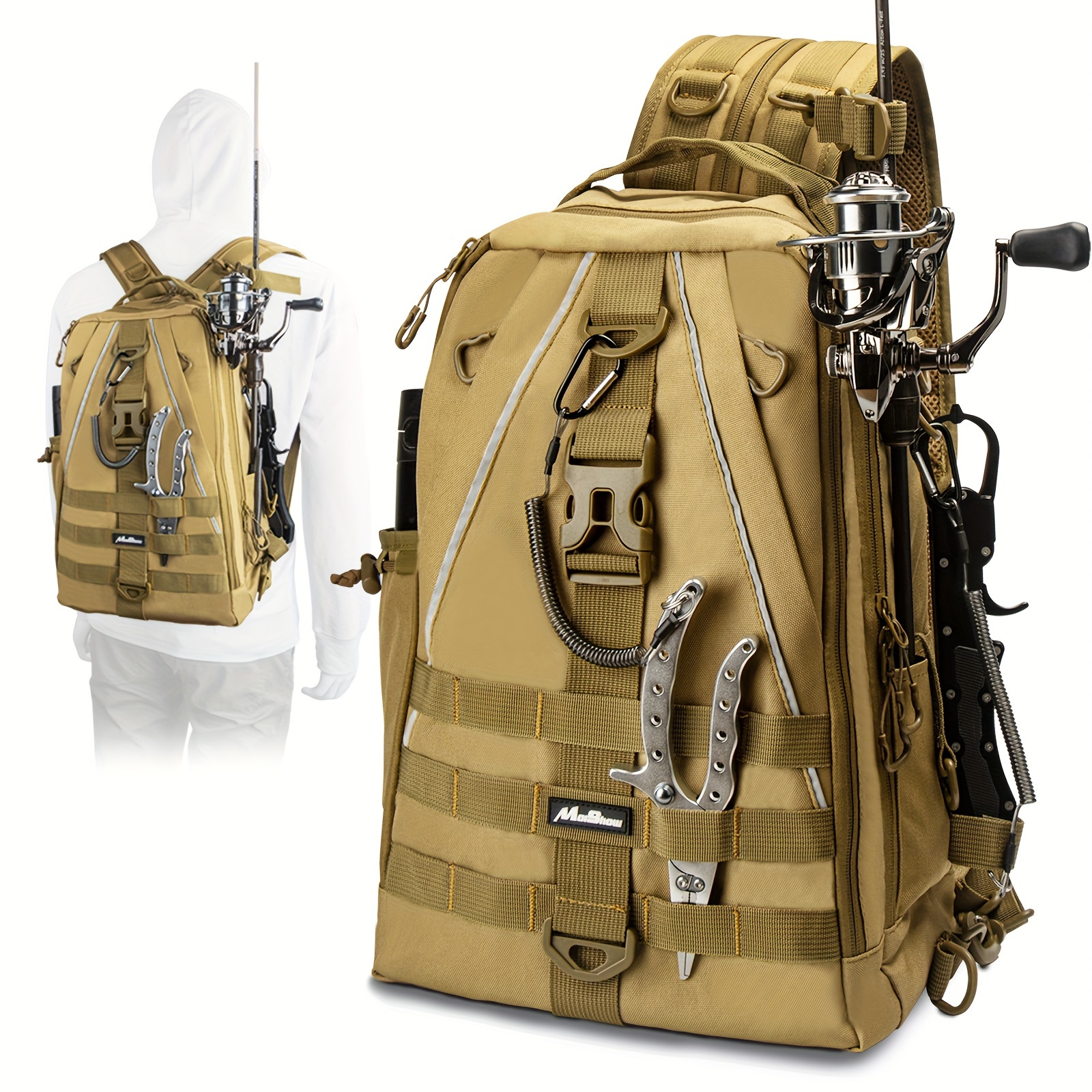 Compact Fishing Tackle Bag, Fishing Bag with Tackle Box and Rod Holder  Outdoor Sport Fishing Backpack, Beige