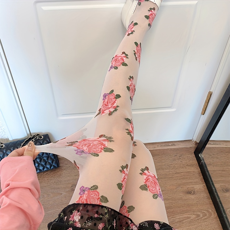 Floral Print Tights Retro Style Slimming Mesh Footed - Temu