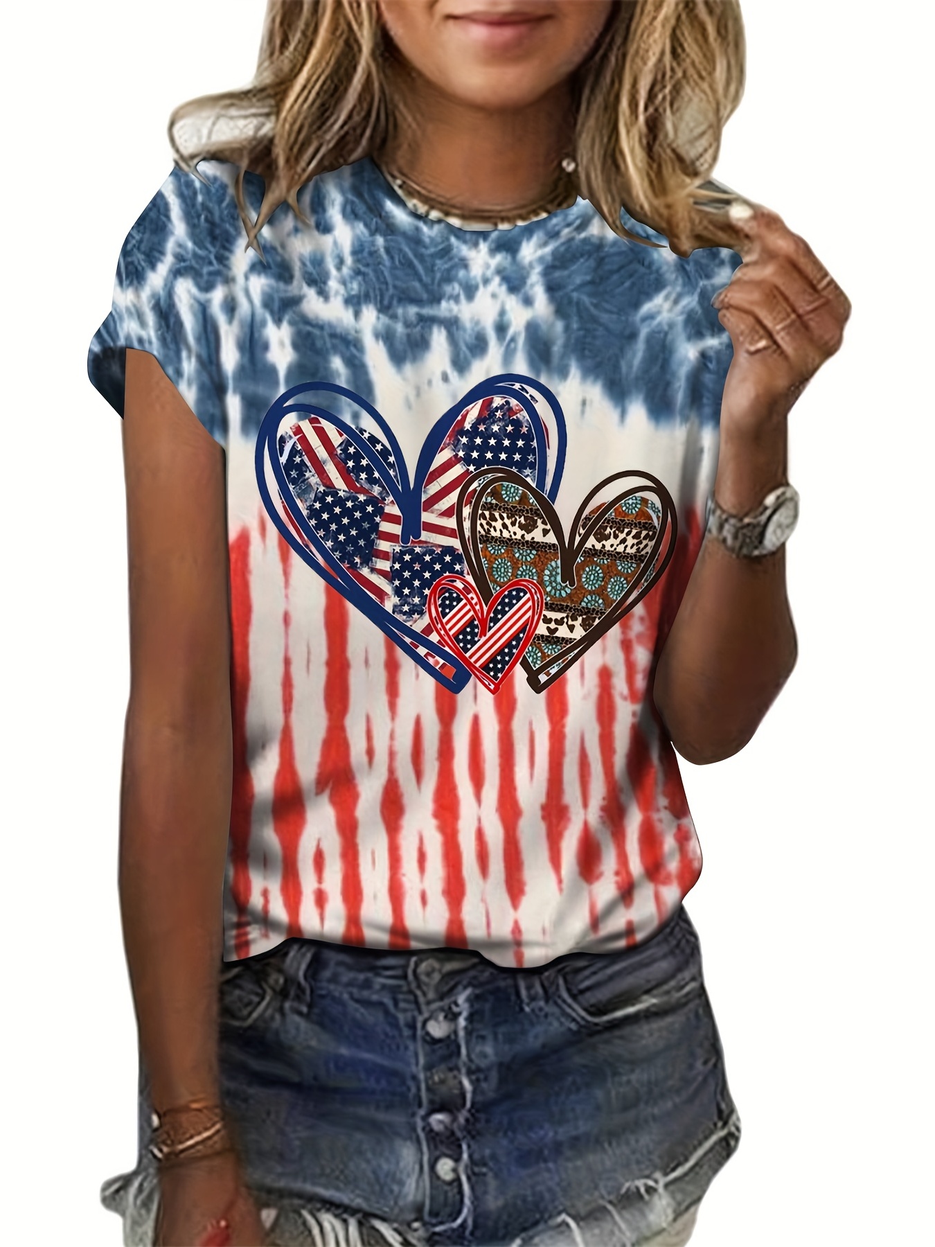 Summer Hearts Shape American Flag Detail Print Tie Dye T - Temu