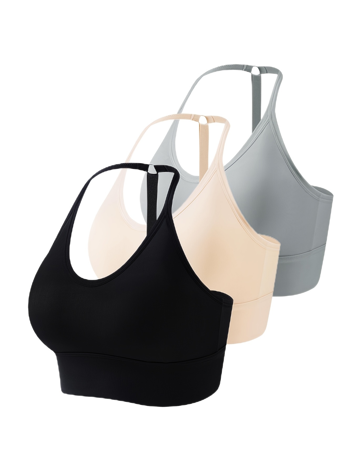  Womens 3 Piece Medium Support Tank Top Ribbed Seamless  Removable Cups Workout Exercise Sport Bra Black Coral Beige