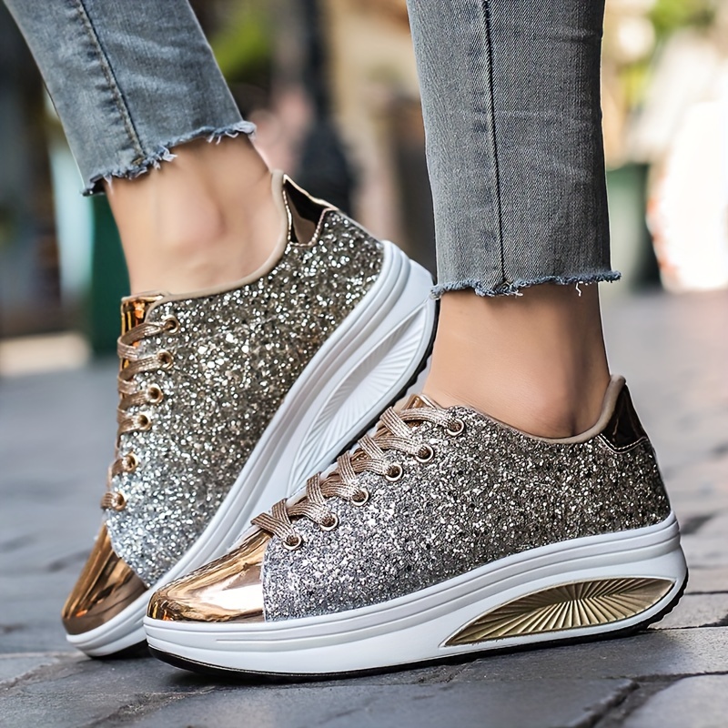 Women's Glitter Sequins Decor Sneakers Casual White Lace Up - Temu