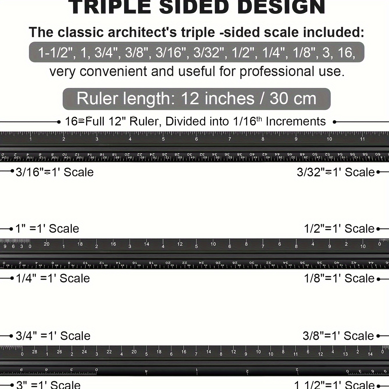Architectural Scale Ruler, 12'' Imperial Architect Scale, Aluminum Engineer  Scale Ruler, Scale Ruler for Blueprints, Metal Scale Ruler, Architecture