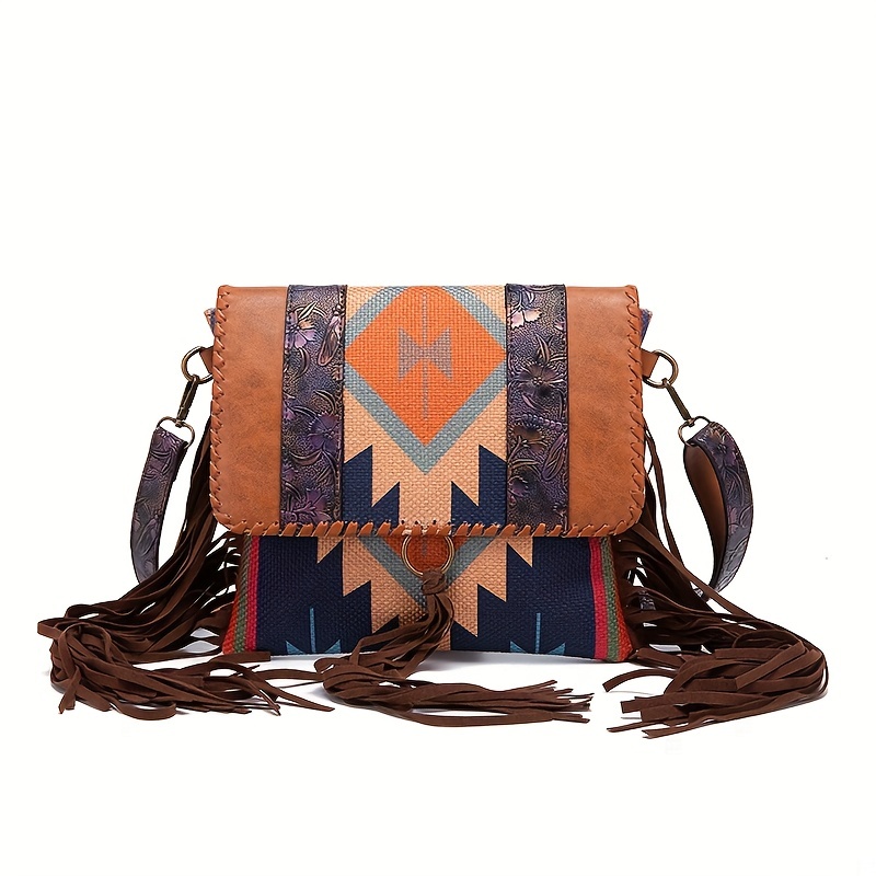 Colorful Boho Leather Sling Bag Rainbow Fringe Crossbody 