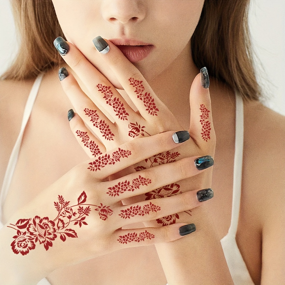 Hand Back Lace Tattoo Stickers Brown Red Waterproof Sweat Long