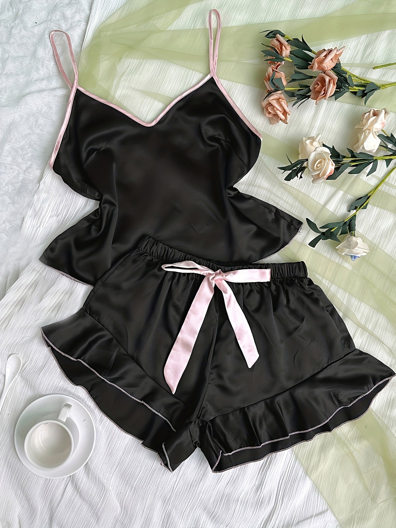 Cherry Print Pajama Set, Sweet & Cute Lapel Buttons Top And Bow Shorts,  Women's Sleepwear & Loungewear
