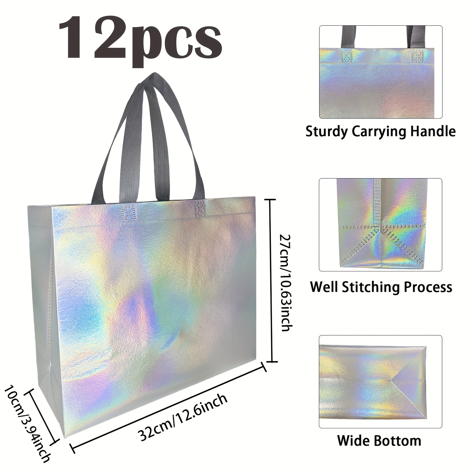  Whaline Set of 12 Glossy Reusable Grocery Bag Tote Bag with  Handle Non-woven Stylish Gift Bag for Bridal Shower Bachelorette Engagement  Birthday Hoilday Parties (Rose gold, Gold, Silver)