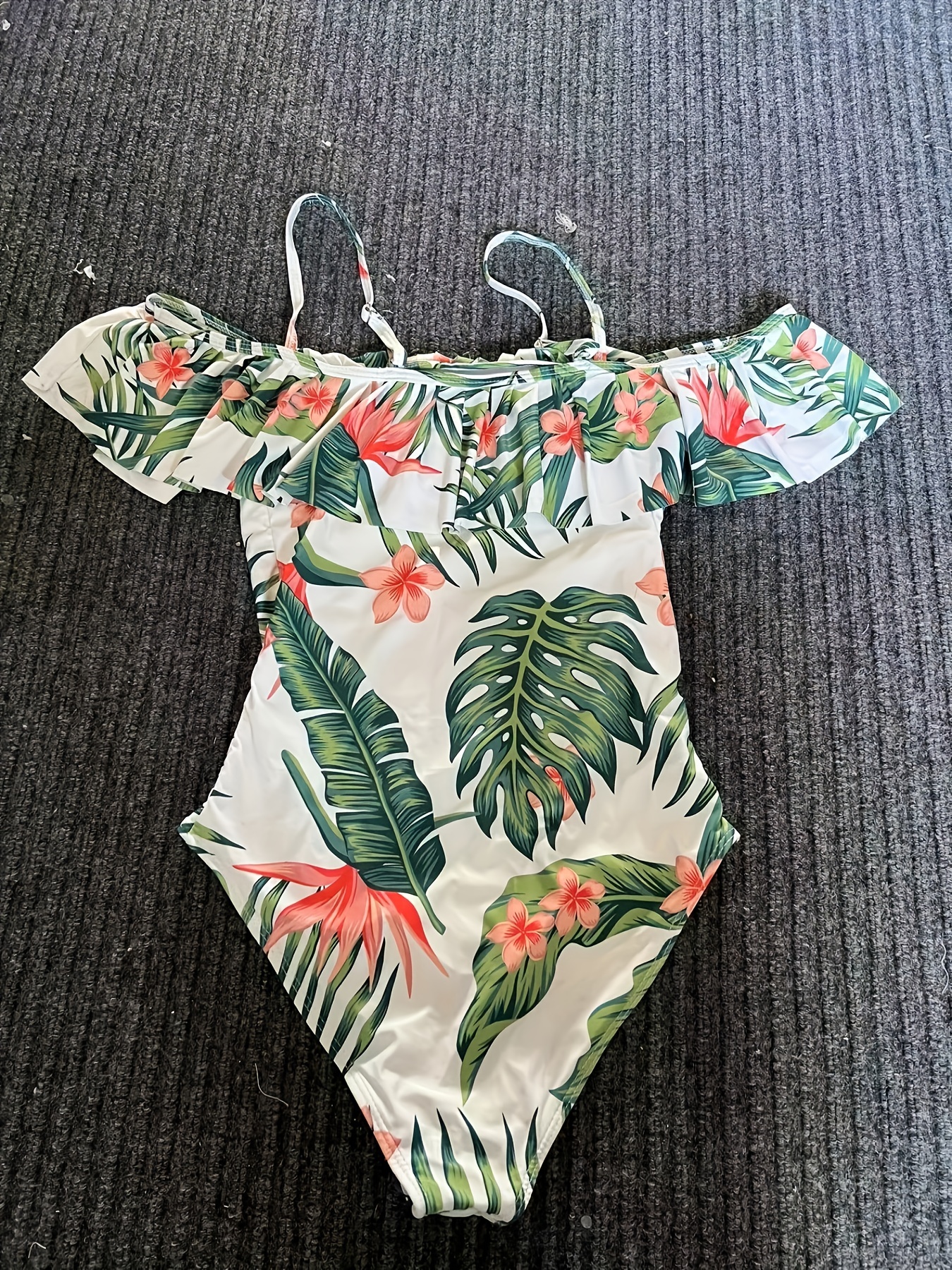 tropical leaf floral all over print off shoulder exaggerated ruffled trim high cut tummy control one piece swimsuit womens swimwear
