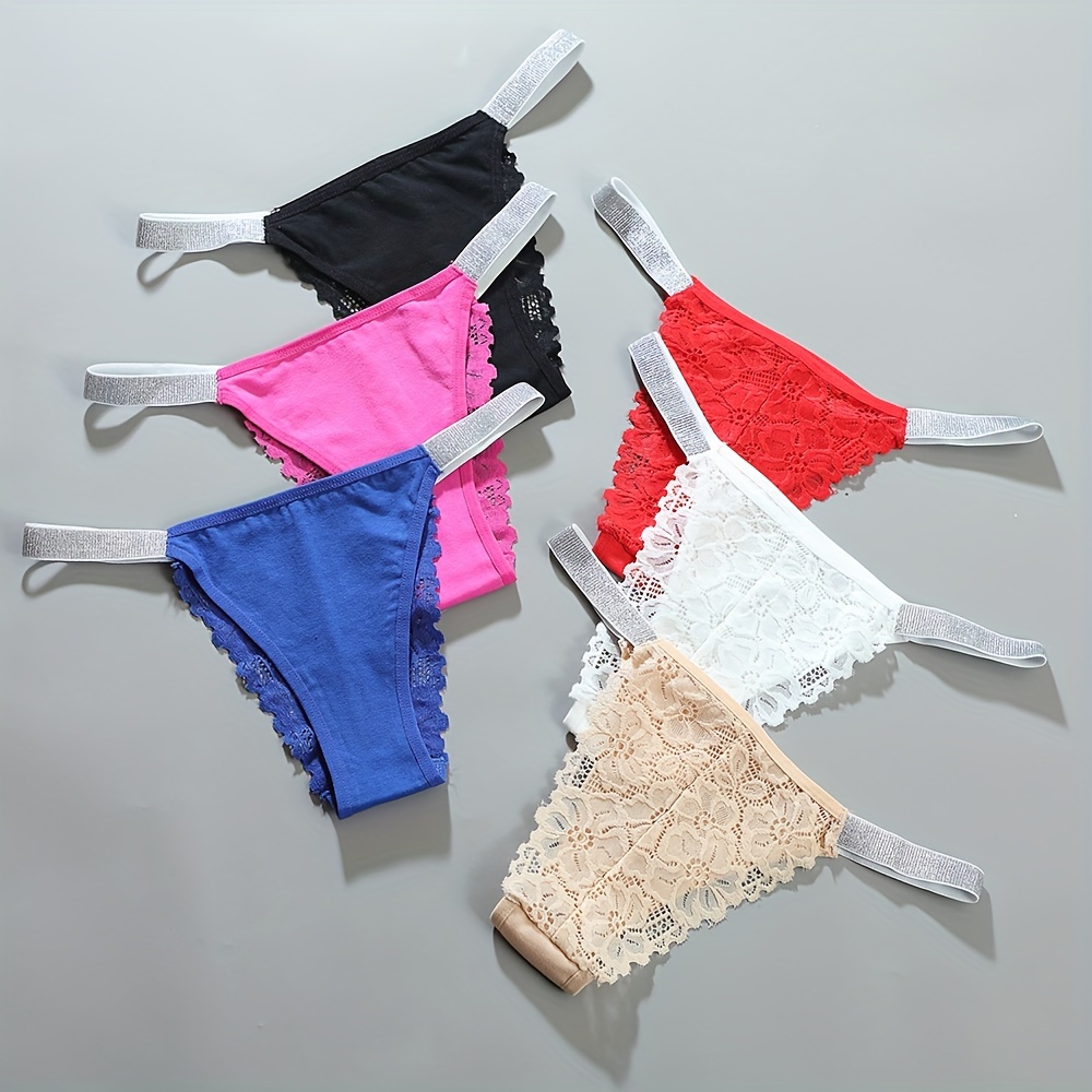 6pcs Contrast Lace Thongs, Soft & Comfy Stretchy Intimates Panties, Women's  Lingerie & Underwear