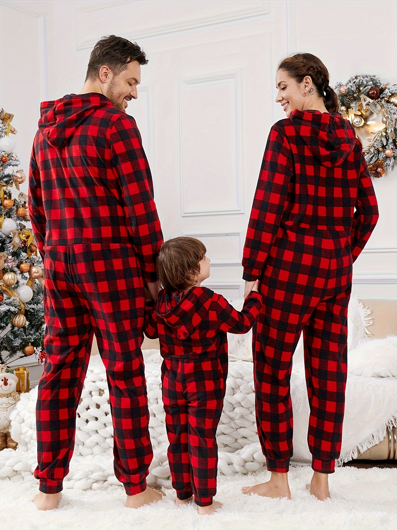 Unisex Adult Matching Family Christmas Long Sleeve Buffalo Plaid Fleece  Pajamas