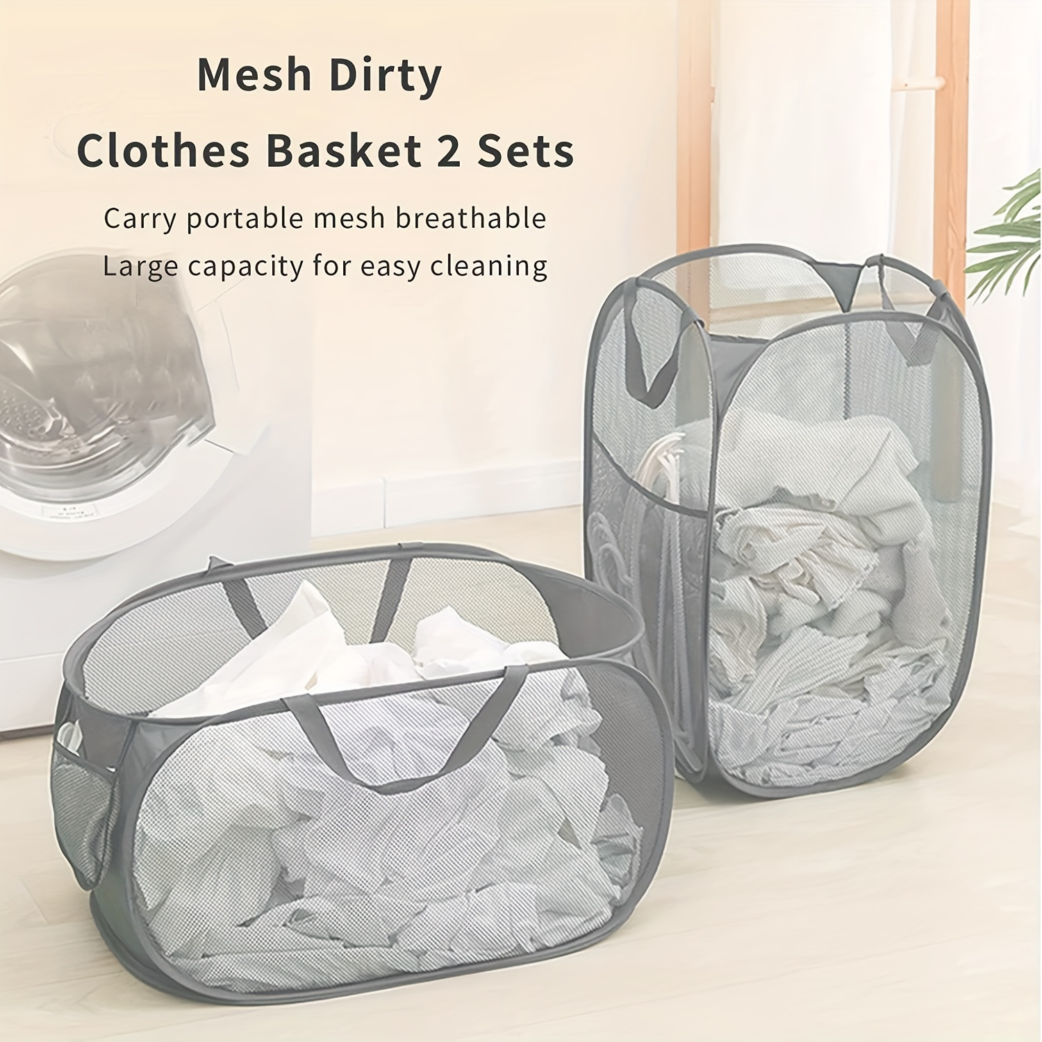 Large Mesh Pop-Up Laundry Basket, Collapsible Laundry Hamper with Carry  Handles