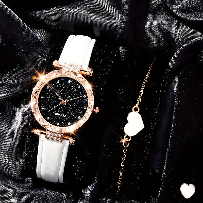高級ラインストーンクォーツ時計星空ダイヤルアナログPUレザー腕時計 ジュエリー4個セット お母さん/彼女へのギフト - Temu Japan