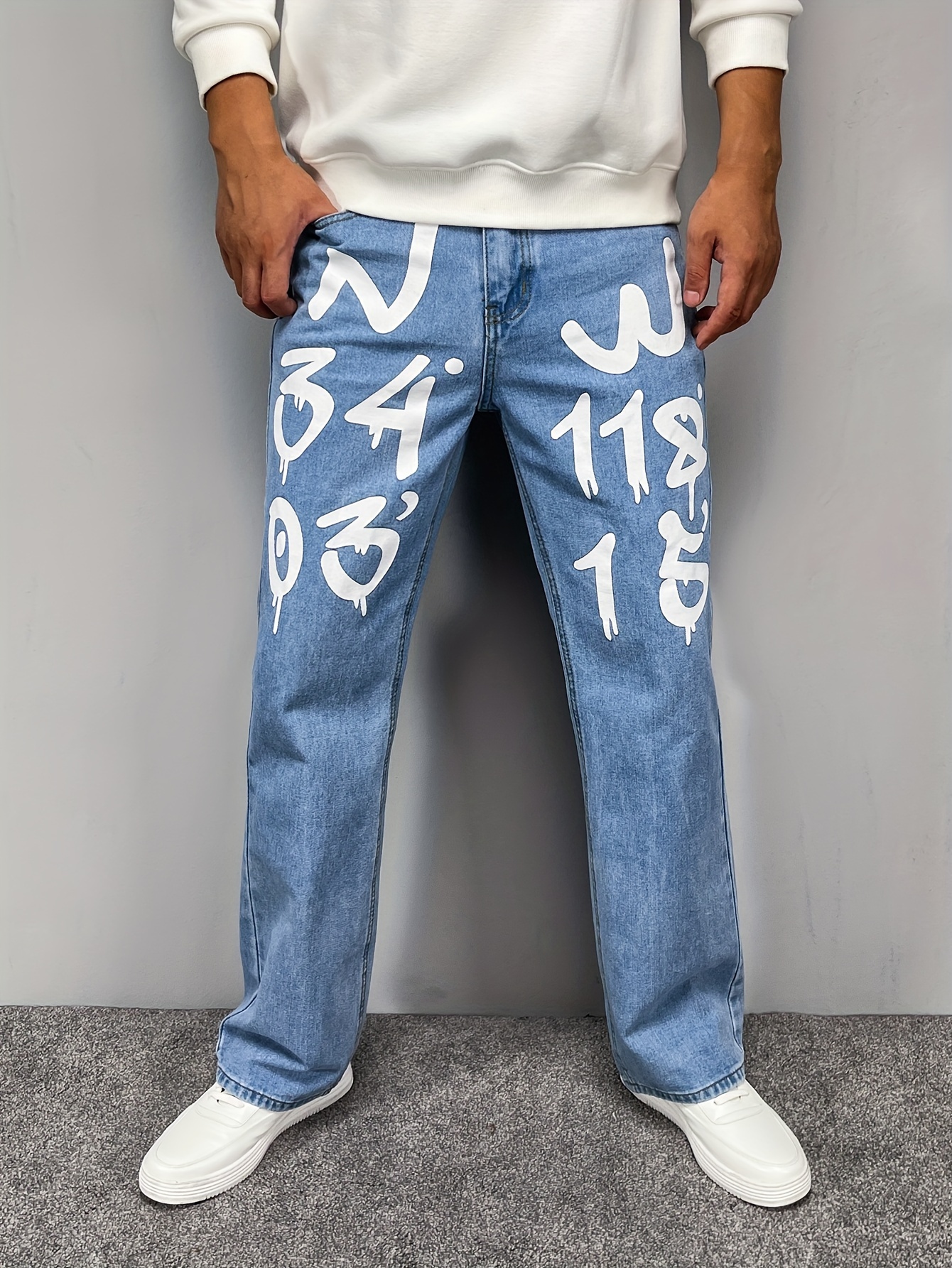Men's Letter Print Street Style Loose Denim Trousers Fashion - Temu