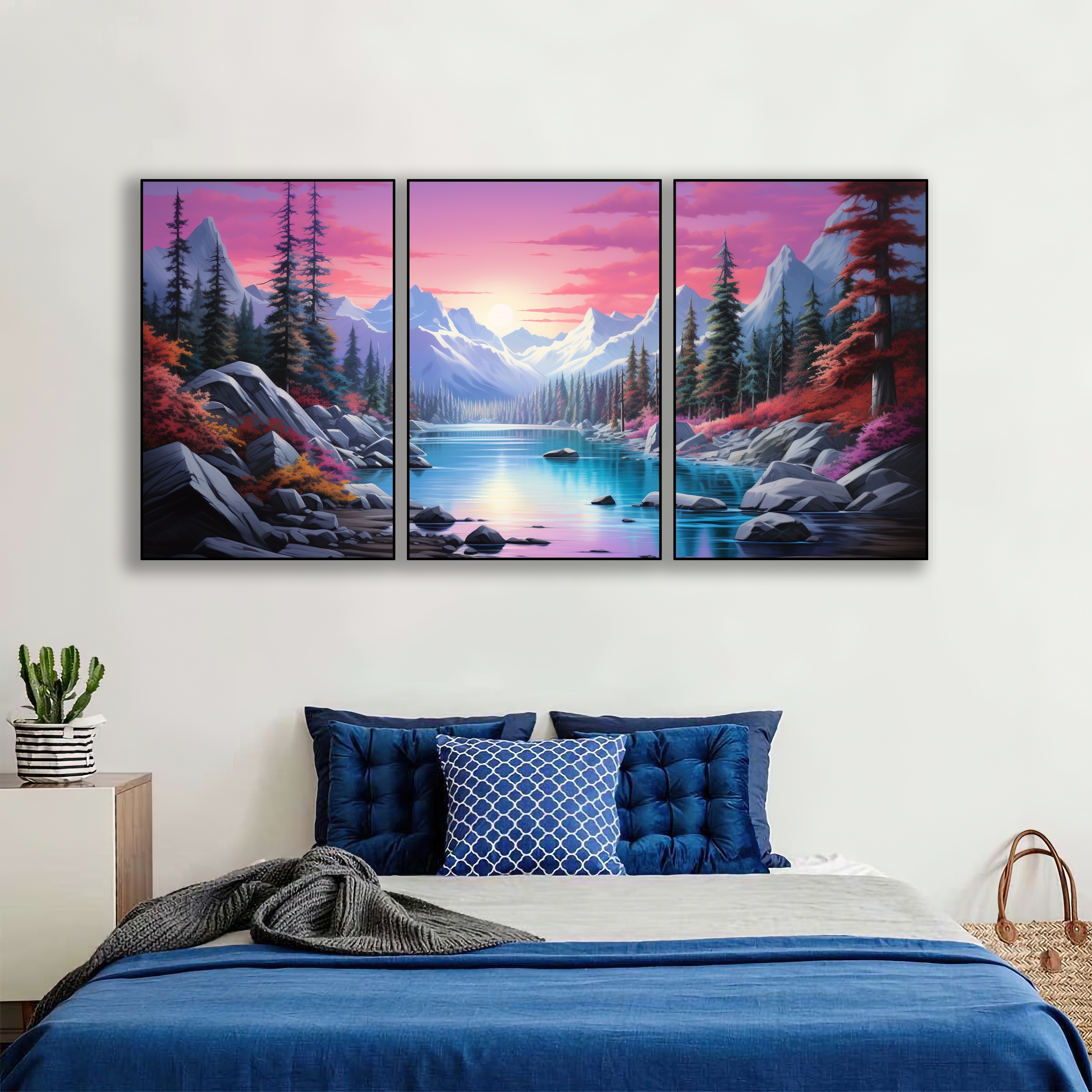 Un dormitorio con un cuadro de montañas en la pared encima de la cama.