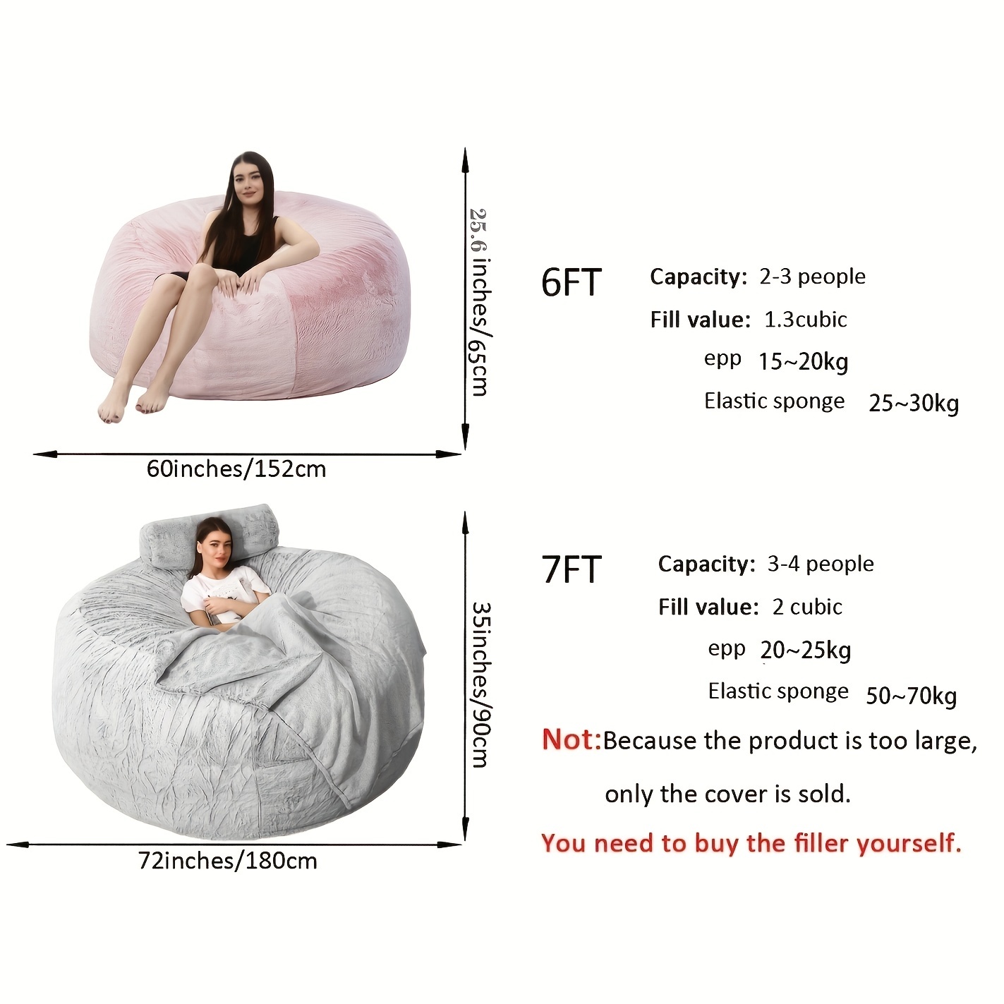 7FT Memory Foam Bean Bag Chair Cover Living Room Furniture Lazy Sofa Bed  Cover