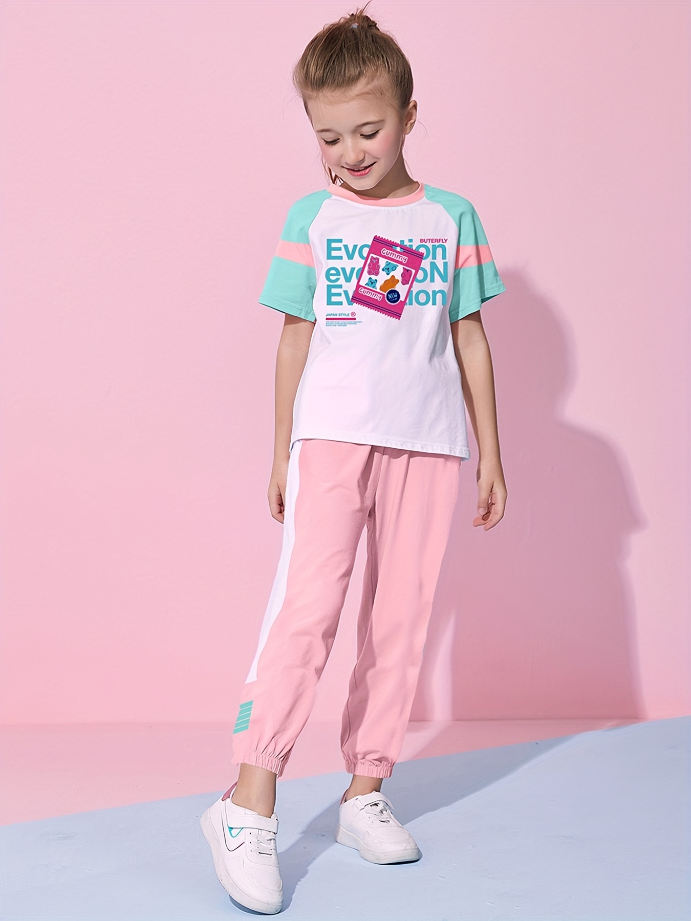 Girl's Color Clash T shirt Pants Set Letter Print Casual - Temu