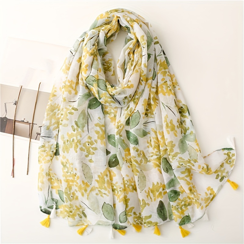 

Green Yellow Floral Printed Scarf Elegant Thin Breathable Tassel Shawl Summer Sunscreen Travel Scarf For Women