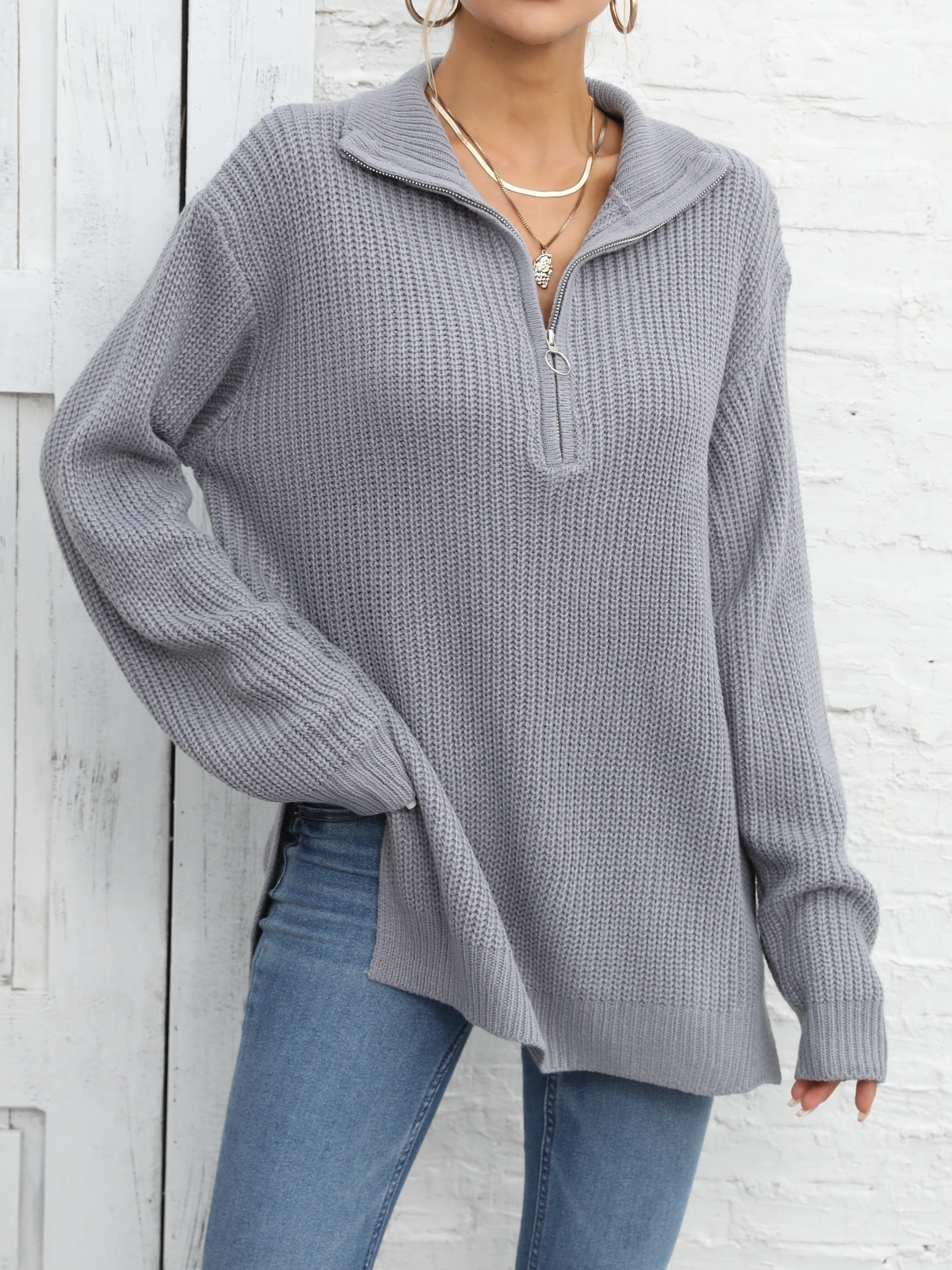 Long Sleeve Half Zip Sweater, Side Slit Casual Sweater For Winter