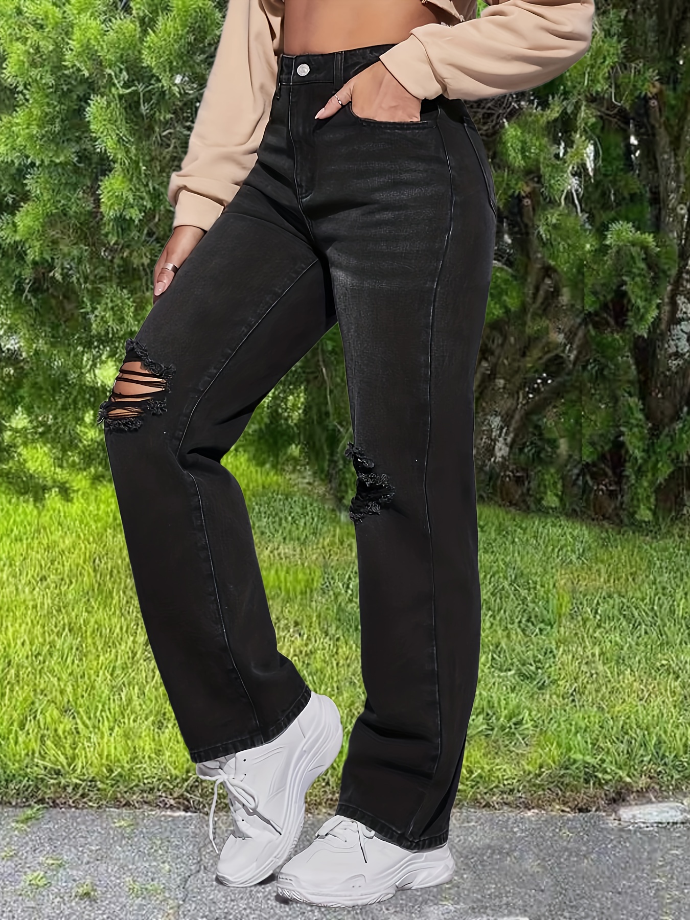 Jeans Rectos Negros Cintura Alta Pantalones Mezclilla Tiro - Temu
