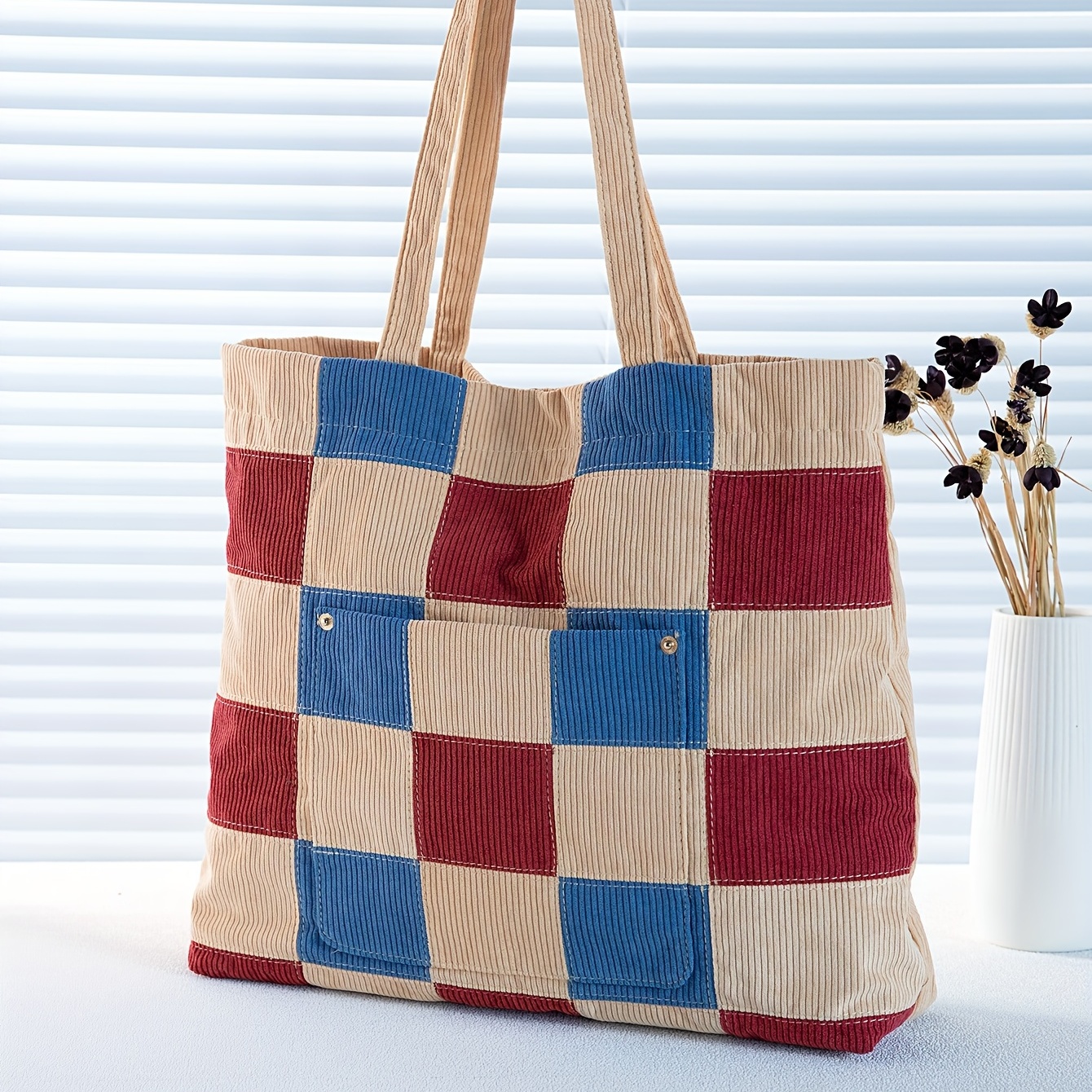 Women Retro Corduroy Shoulder Bag Checkerboard Pattern Canvas