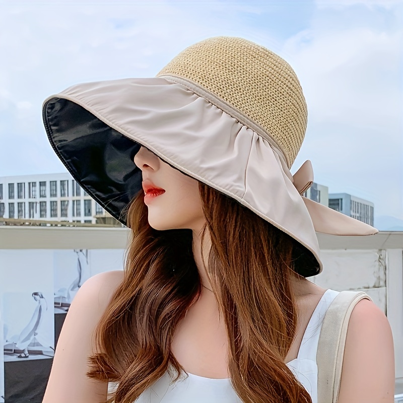 Wide Brim Straw Sun Hat Summer Solid Color Bowknot Beach Hat