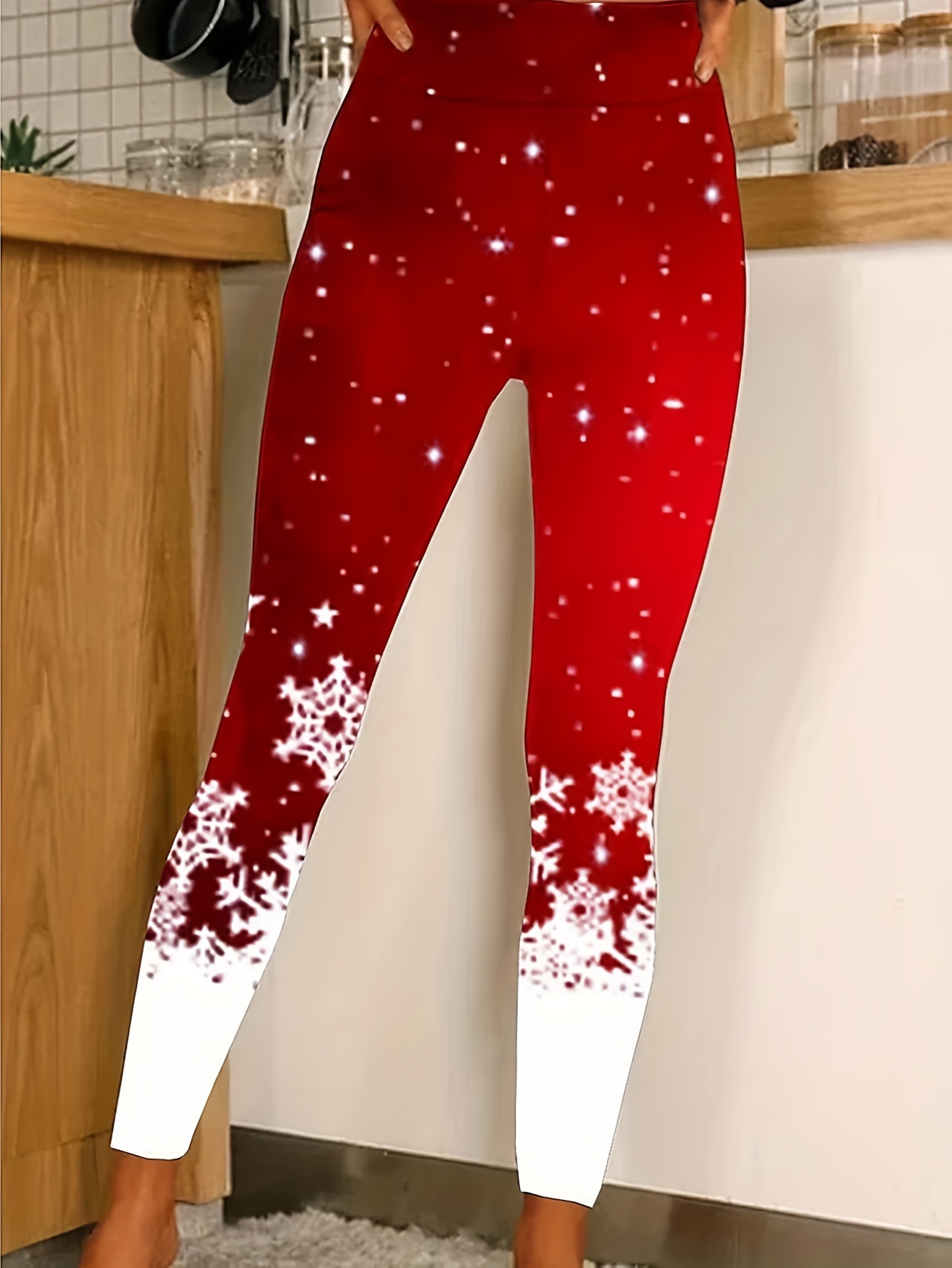 Christmas Reindeer Print Skinny Leggings, Casual Elastic Waist Stretchy  Leggings, Women's Clothing