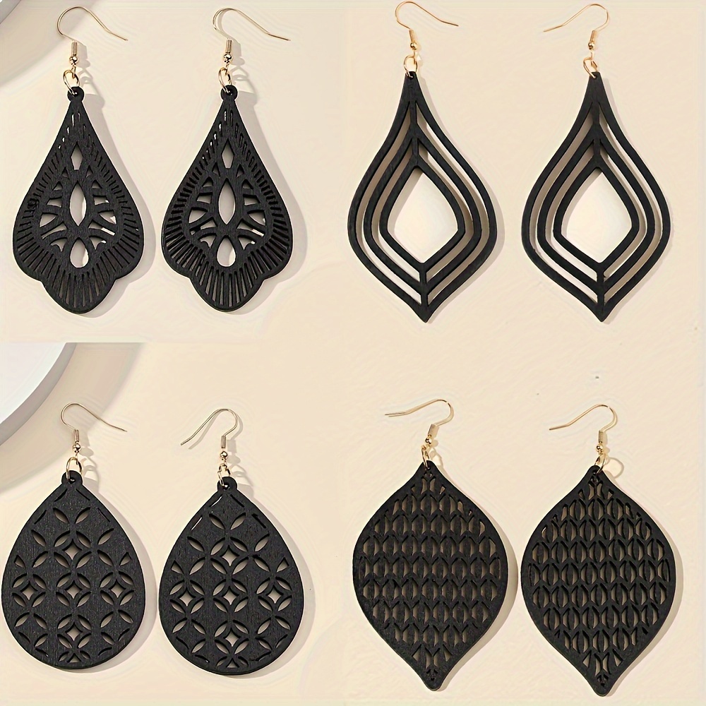 4 Pairs/1 Set Of Black Wooden Openwork Carved Elegant Vintage Earring Set